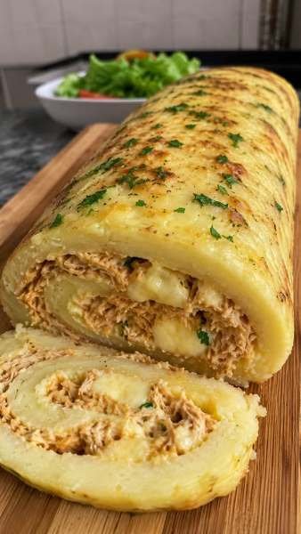 Rocambole de Batata Recheado com Frango