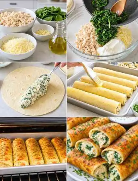 Rolinhos Cremosos de Frango, Queijo e Espinafre