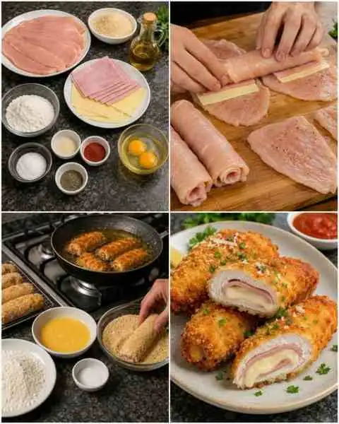 Rolinhos Crocantes de Frango Recheados com Presunto e Queijo