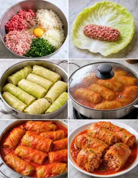 Rolinhos de Repolho com Carne e Arroz ao Molho de Tomate
