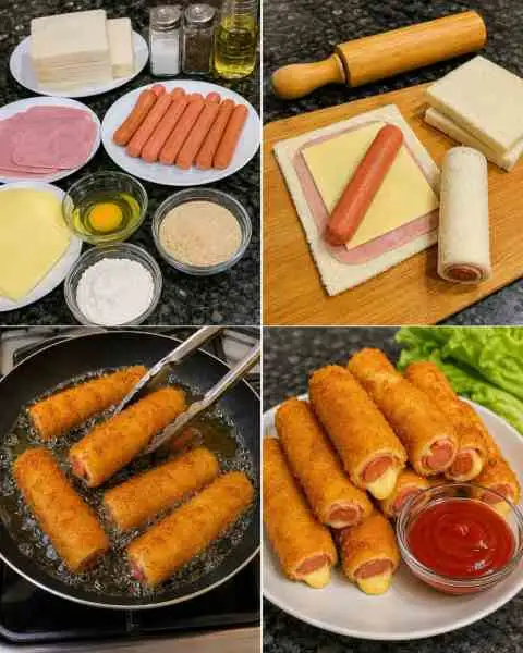 Rolinhos de Salsicha com Presunto e Queijo — Fáceis e Crocantes