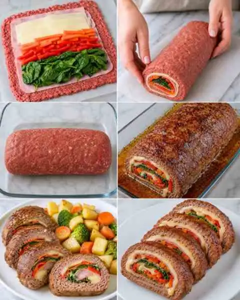 Rolo de Carne Recheado com Queijo e Legumes