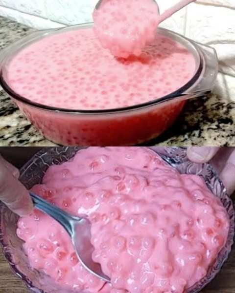 Sagu-Mousse de Morango Cremoso e Gelado pronto para servir