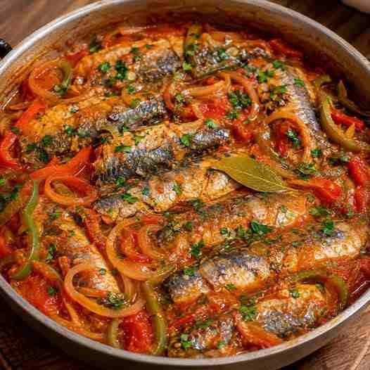 Sardinha ao molho na panela de pressão servida com molho