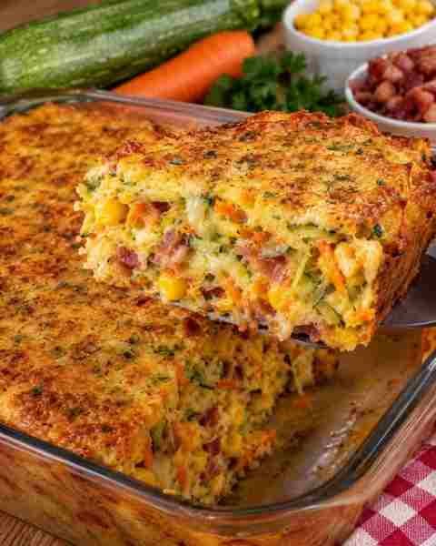 Torta de Abobrinha com Cenoura, Milho e Bacon pronto para servir