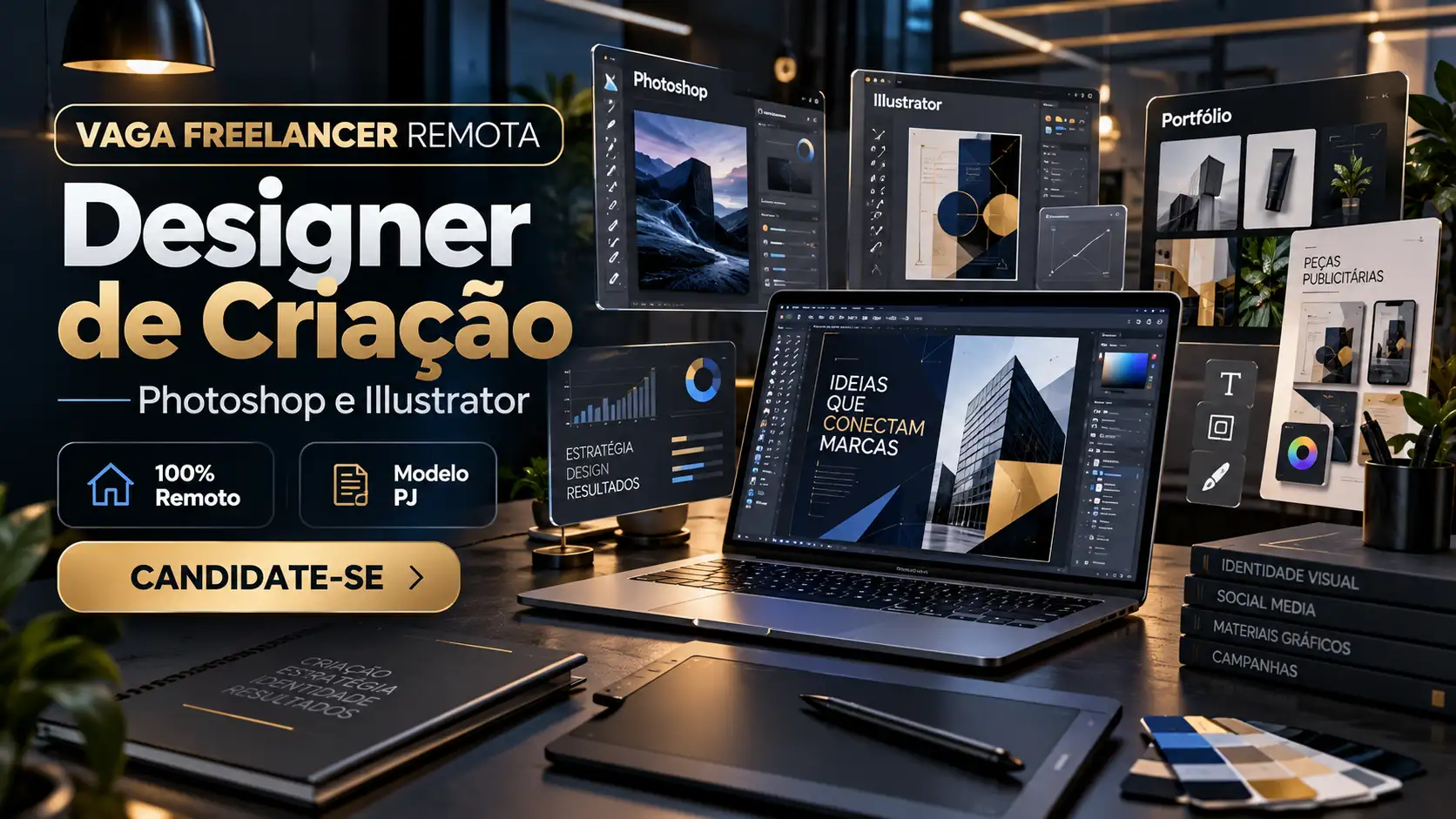Ambiente 3D com ferramentas de design, portfólio, Photoshop, Illustrator e elementos de trabalho remoto.