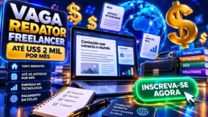 Composição 3D com cifrões, notebook e elementos digitais representando vaga internacional de redator freelancer.