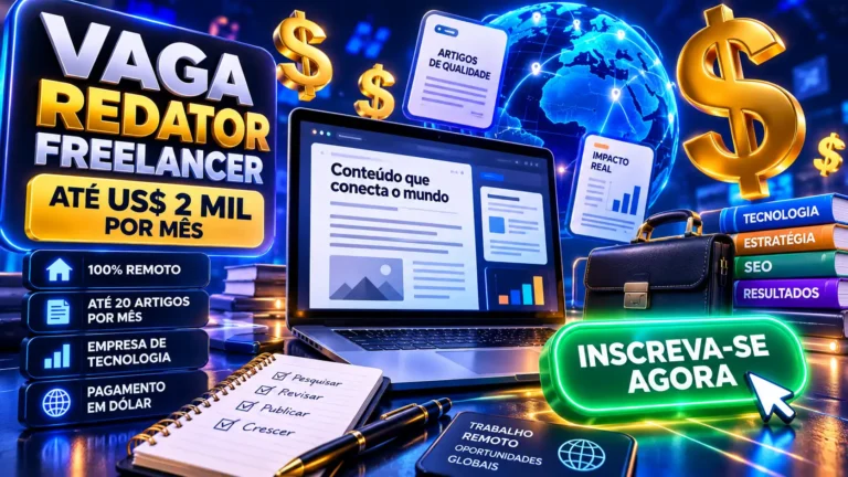 Vaga Remota Internacional (US$ 2 MIL): Empresa de tecnologia busca redator freelancer para produzir até 20 artigos por mês e paga até US$ 2 mil [Wellfound]