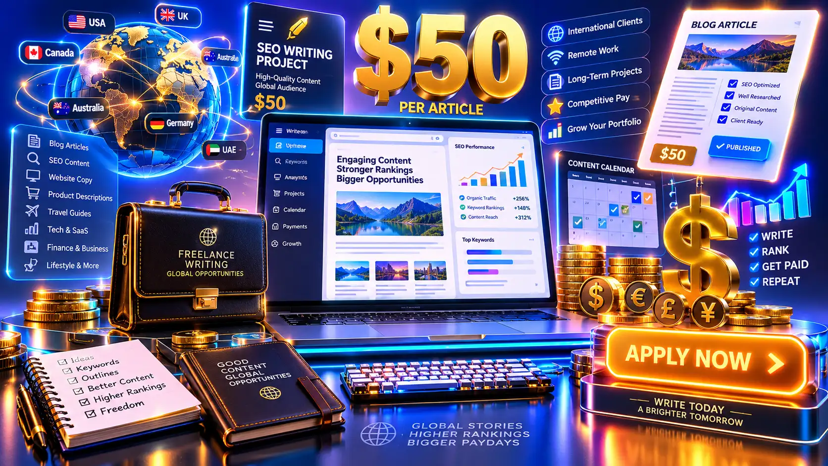 Cena 3D colorida sobre vaga de redator SEO freelancer na Upwork com pagamento de US$ 50.