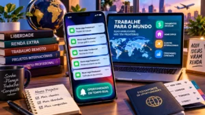 Freelancer recebe alerta de vaga remota no celular enquanto trabalha pelo notebook em casa.