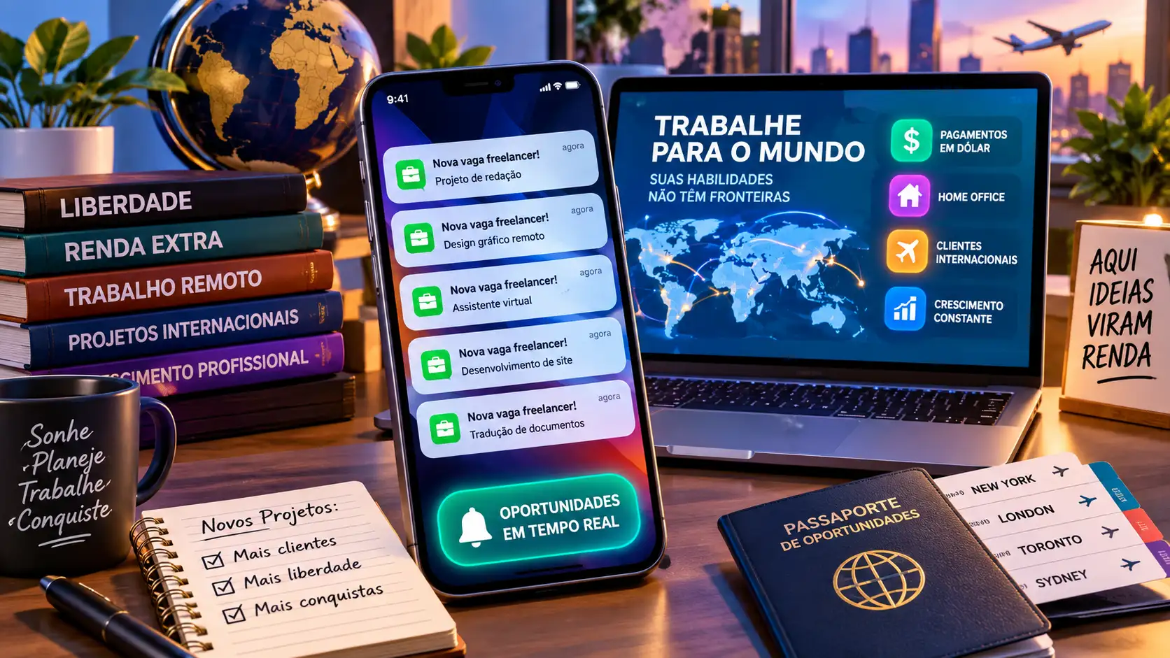 Freelancer recebe alerta de vaga remota no celular enquanto trabalha pelo notebook em casa.