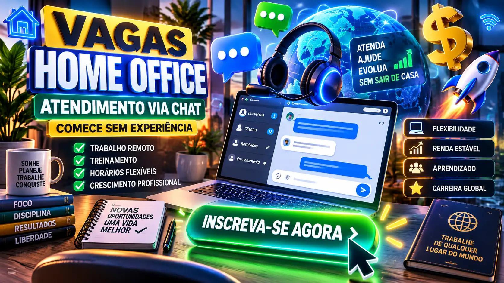 Ambiente 3D colorido representando atendimento remoto, chat online e oportunidades home office.