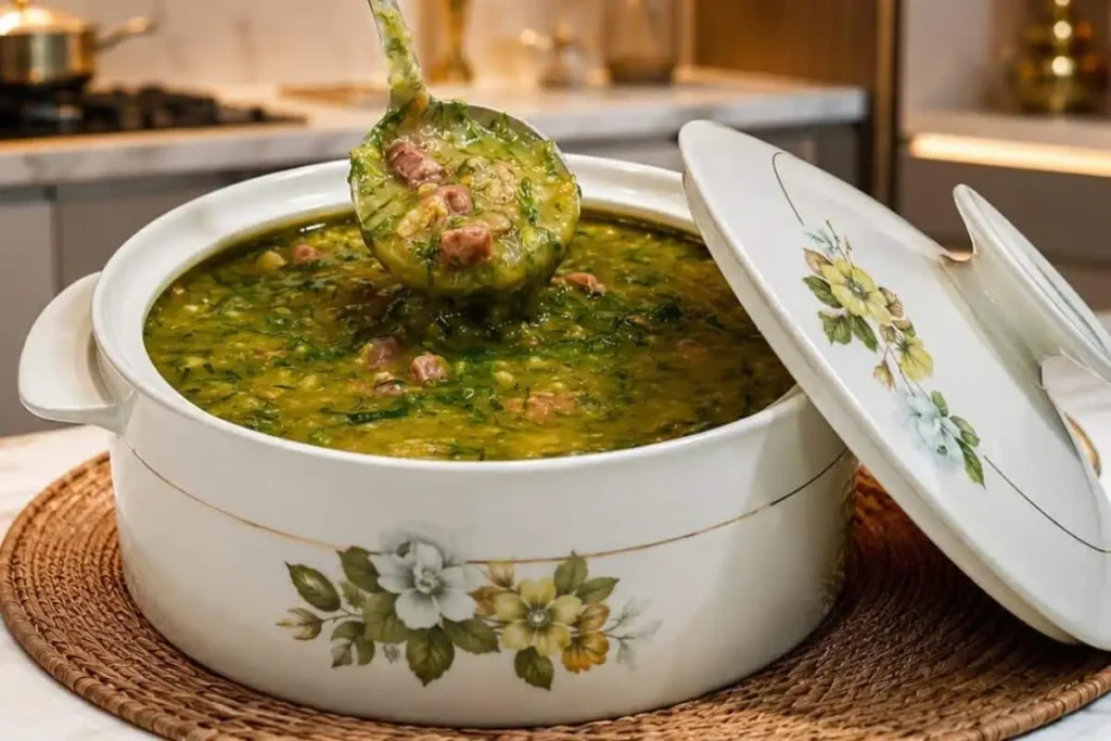 Caldo verde cremoso feito com cuidado para alcançar o ponto e servir em família