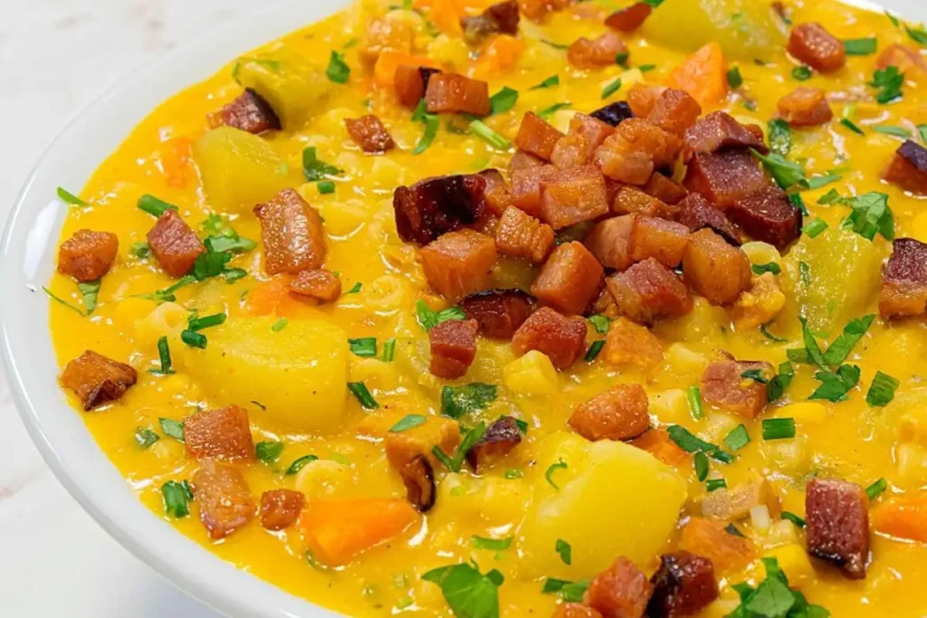 Sopa cremosa de milho com ingredientes bem combinados para variar o cardápio
