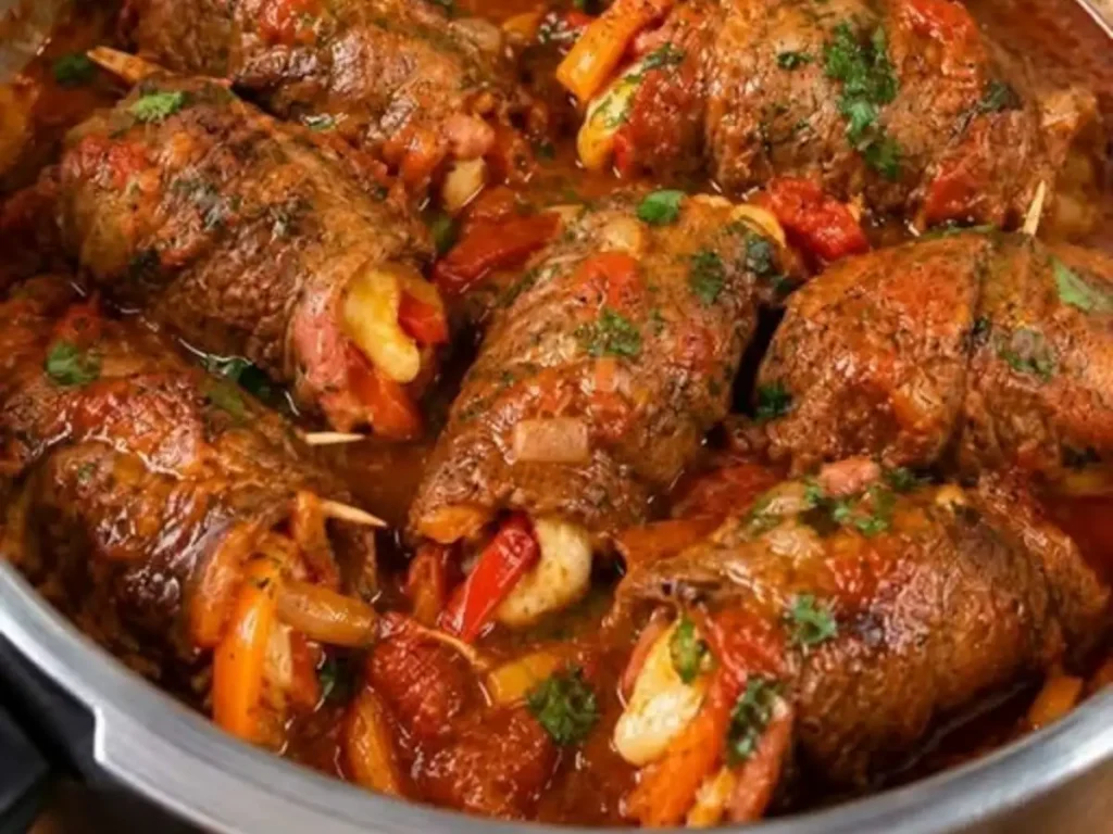 Bife a Rolê Recheado com Bacon e Legumes ao Molho