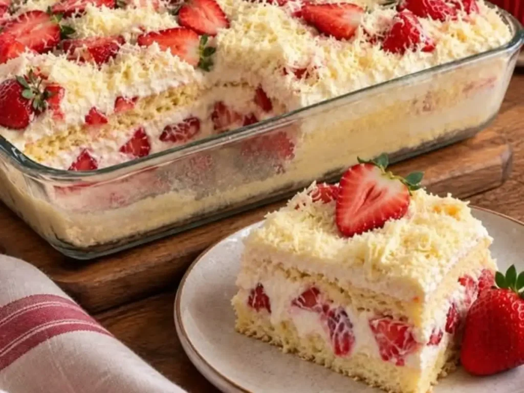 Bolo Gelado de Leite em Pó com Morangos e Recheio Cremoso