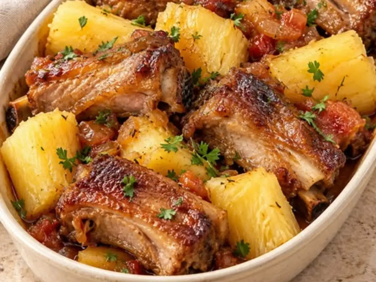 Costelinha de Porco ao Molho Barbecue com Mandioca Assada e Dourada