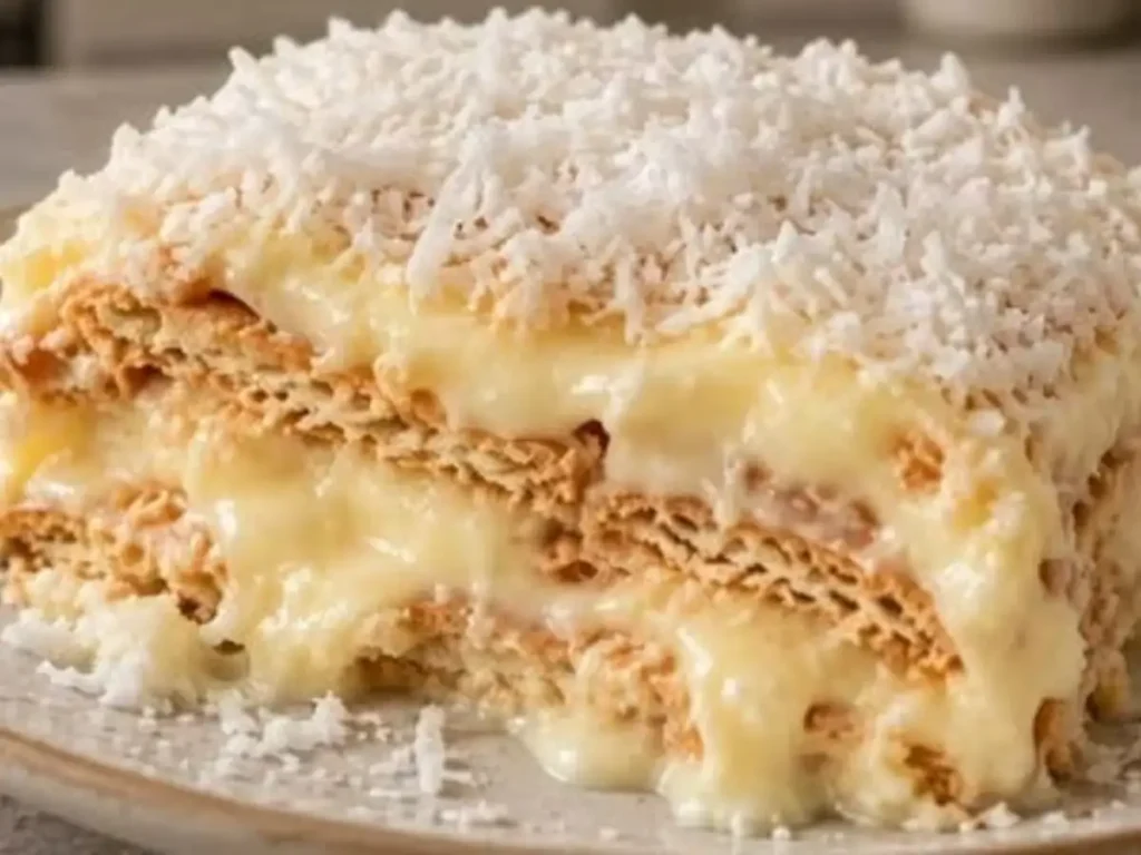 Pavê Gelado de Bolacha Maisena com Creme de Leite Condensado e Coco
