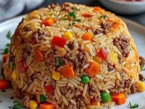 Arroz Colorido com Carne Moída e Legumes