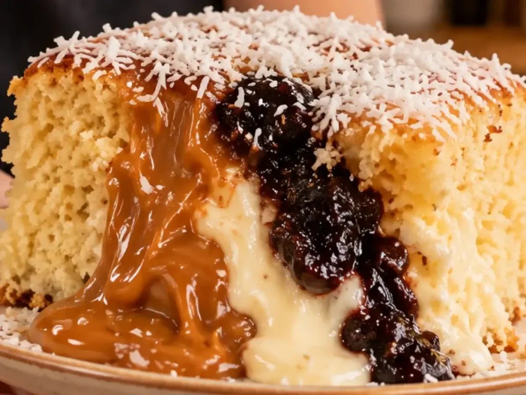Bolo de Coco Recheado com Doce de Leite e Ameixa