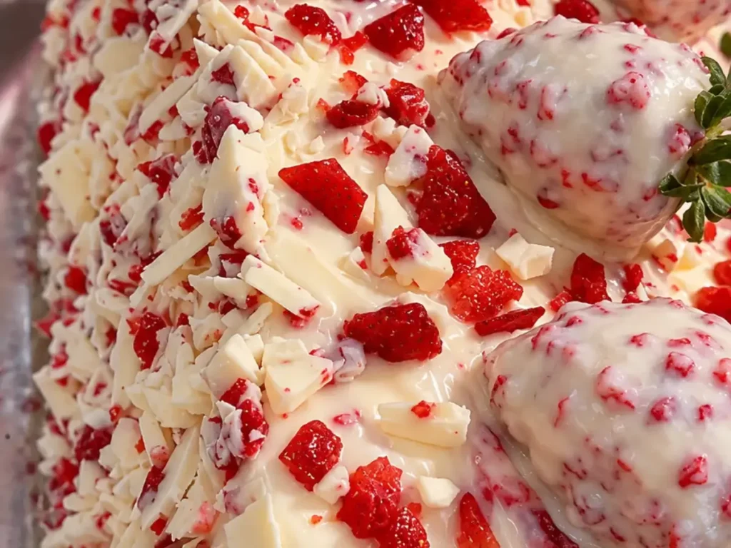 Bolo de Morango Cravejado com Creme Branco e Chocolate Branco