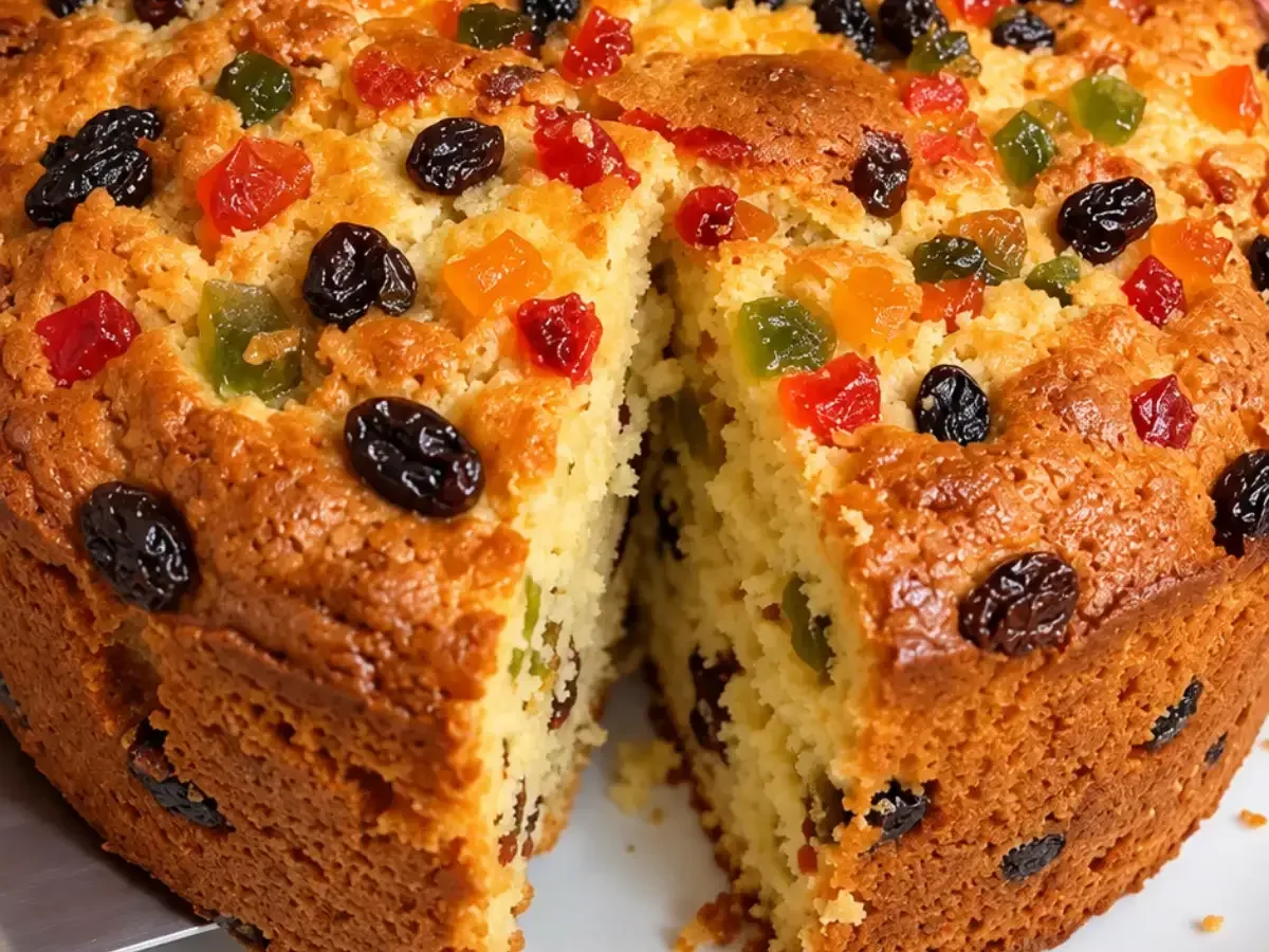 Bolo de Natal com Frutas Cristalizadas pronto para servir