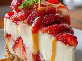 Cheesecake de Morango com Calda de Caramelo