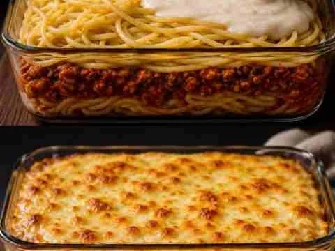 Espaguete Gratinado Supercremoso com Carne e Bacon