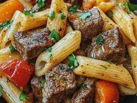 Macarrão Penne Cremoso com Carne e Pimentões