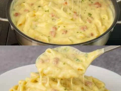 Penne ao Creme de Batata Caseiro com Bacon e Mussarela