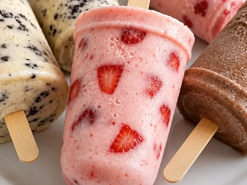 Picolé Caseiro Cremoso de 3 Sabores: Chocolate, Morango e Flocos