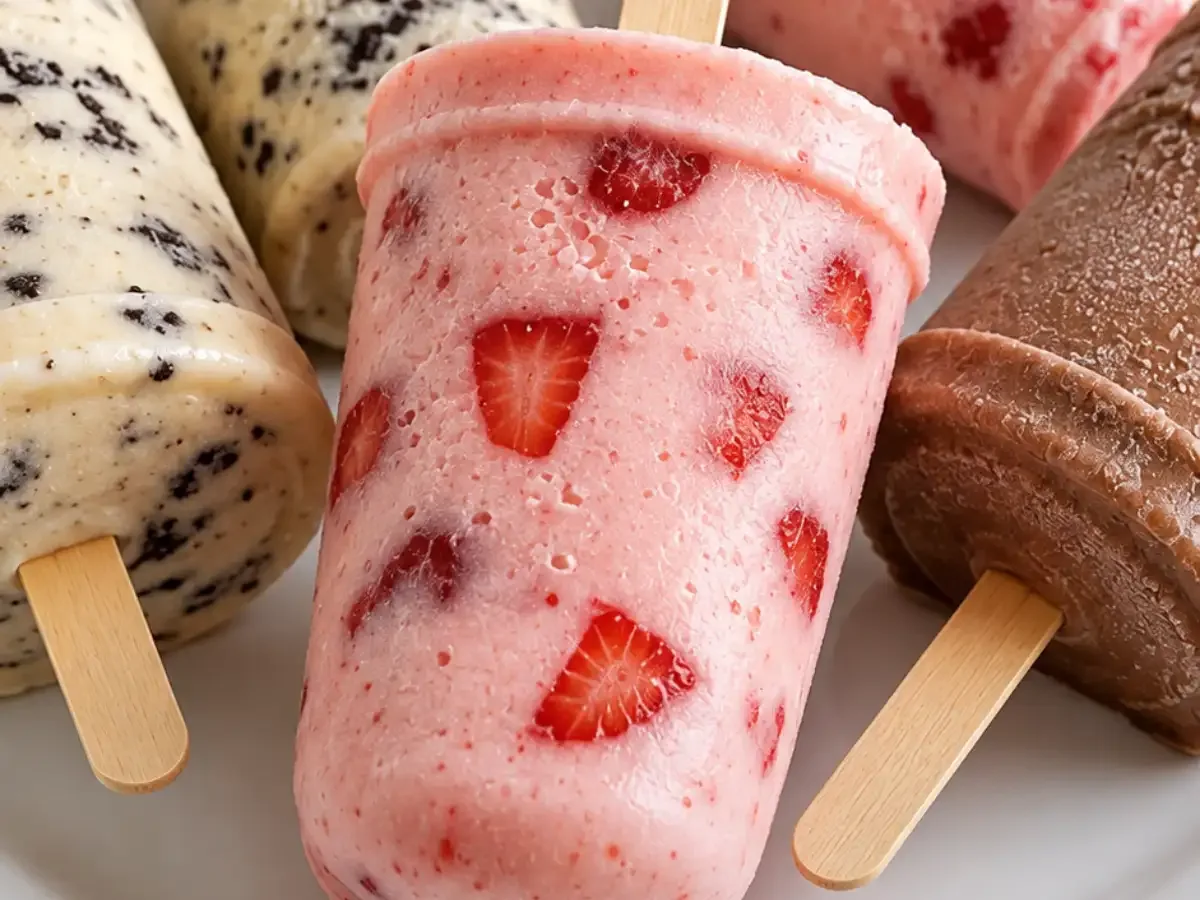 Picolé Caseiro Cremoso de 3 Sabores: Chocolate, Morango e Flocos