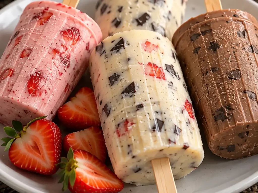 Picolé Caseiro Cremoso de Morango com Chocolate