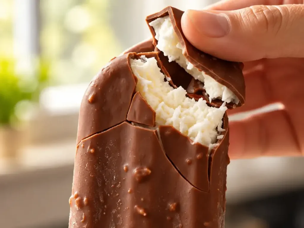 Picolé Cremoso de Coco com Casquinha Crocante de Chocolate