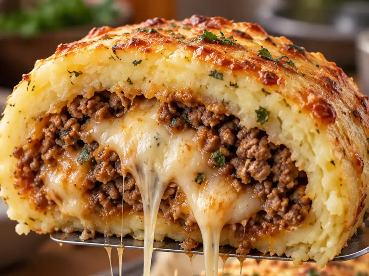 Rocambole de Batata com Carne Moída e Queijo