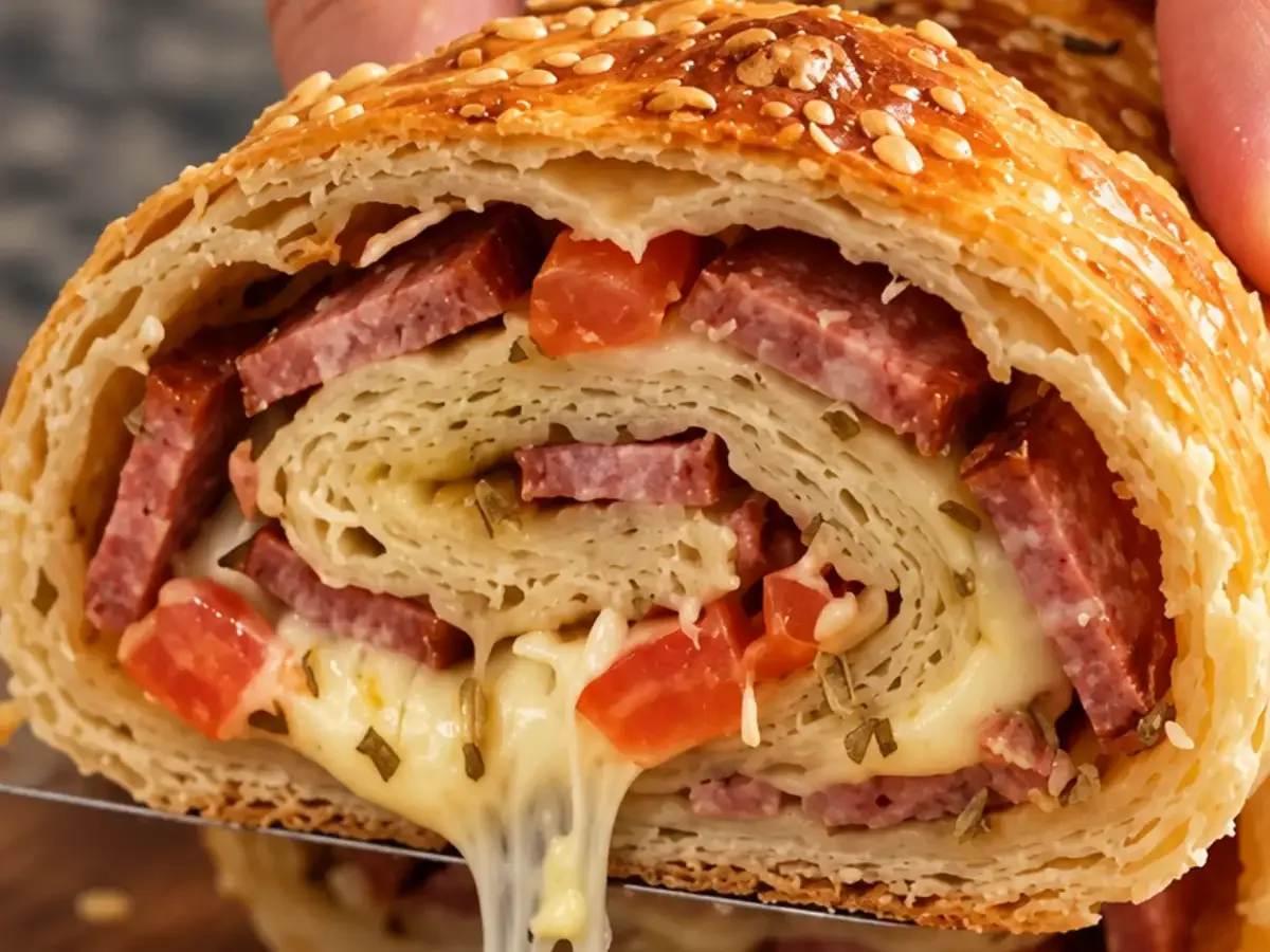 Rocambole de Calabresa e Queijo com Massa de Pastel