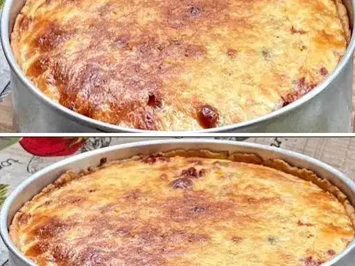 Torta salgada de massa de 2 ingredientes com calabresa, milho e azeitonas